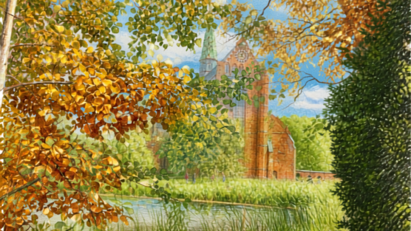 Blick über den Klosterteich auf das Münster, kolorierte Zeichnung mit KI generiert.